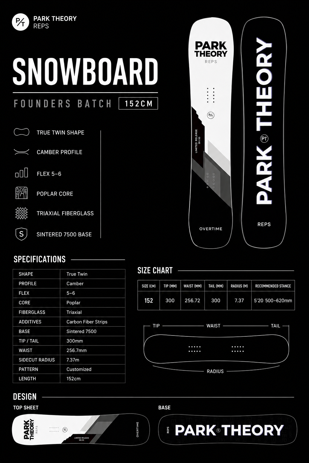 PARK THEORY REPS Snowboard – Founders Batch 152cm | True Twin Camber Board